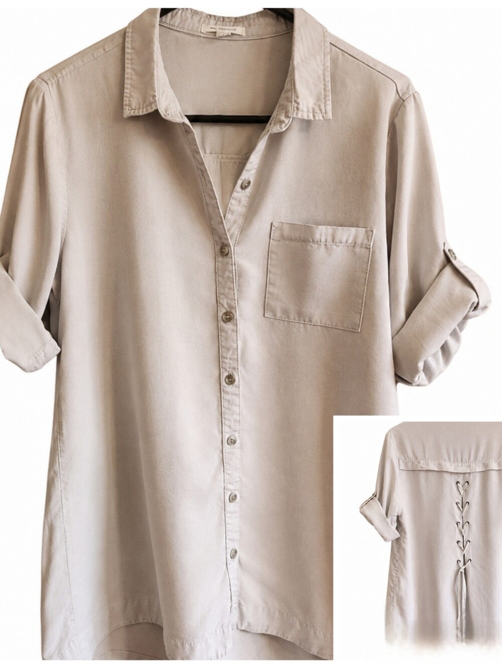 Tea n Rose Lace Up Back Boho Light Gray Button-up Shirt Top Women's Size M